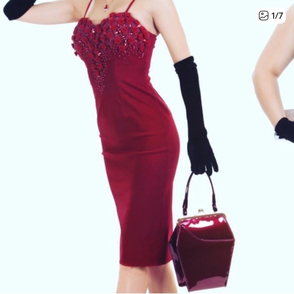 NWOT Tempest Storm by Tatyana Red Beaded Rosette Wiggle Dress - Size Small